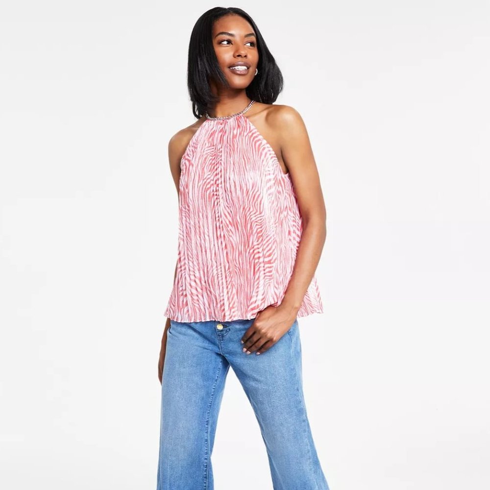 MICHAEL KORS / Zebra-Print Pleated Chain Top / Geranium / Size PM / MSRP $140